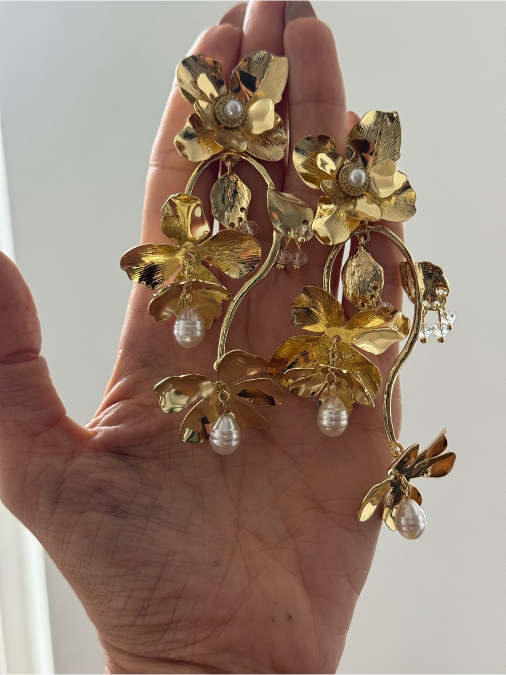 Vintage Gold Floral Drop Earrings with Pearl Accents